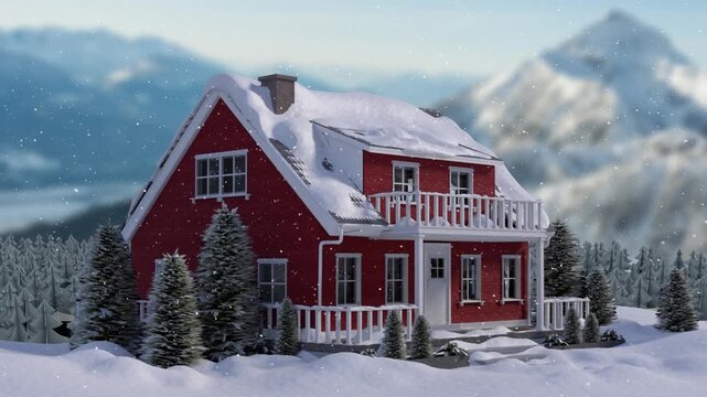 Three dimensional view of forest during winter with beautiful snow capped mountains