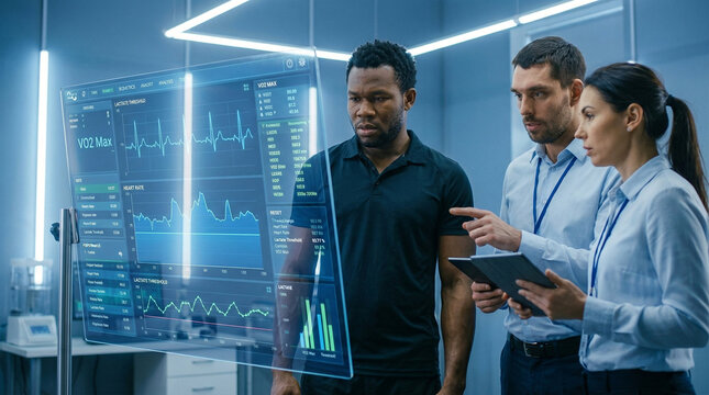 Team analyzes VO2 max data and heart rate graph on a transparent high-tech monitor in a modern lab