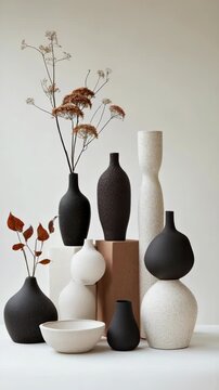 Display of various vases and bowls with dried flowers arranged artistically on a light background, creating a minimalist look