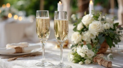 Romantic Table Setting with Two Champagne Flutes Surrounded by Elegant Floral Arrangements at an Outdoor Celebration