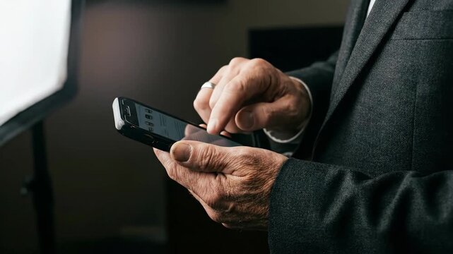 Man holding a smartphone and tapping on the screen. Senior man using modern technology for communication and mobile services.