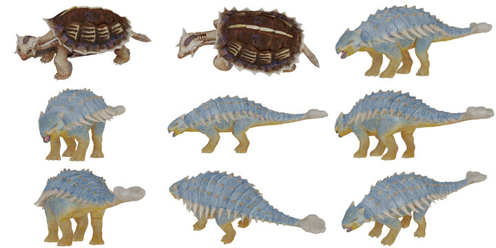Collection of ankylosaurus dinosaur models in various poses.