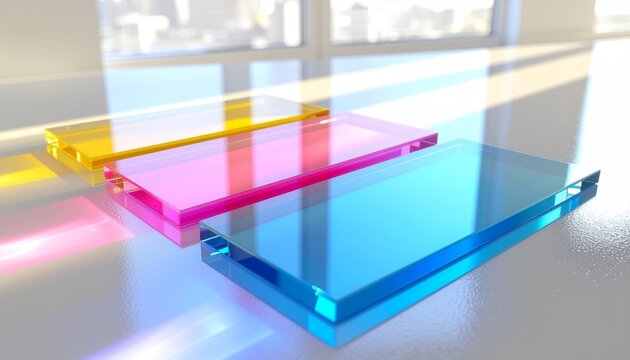 透明カラーパネルの重なり（CMY・光と色の抽象背景）