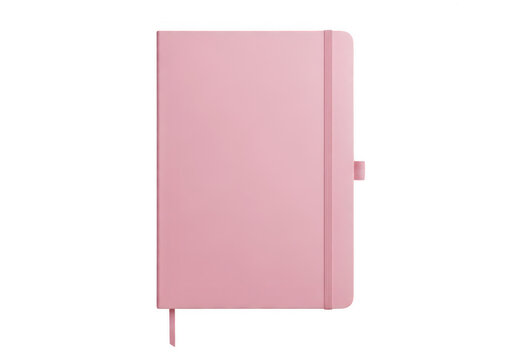 Aesthetic pink notebook with a pen holder and a ribbon bookmark on a white background isolated on transparent background