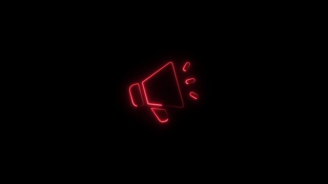 Neon red megaphone with sound waves on black background notification alert symbol