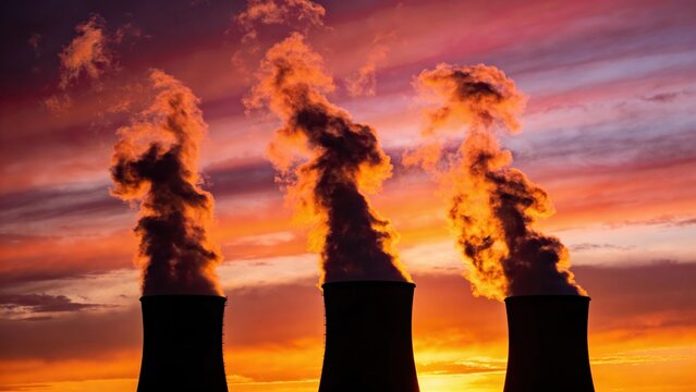 Thick steam plumes rise from three industrial cooling towers silhouetted against a colorful orange and purple sunset sky.