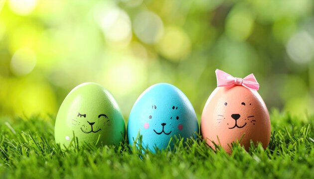 Funny easter eggs in green grass. Cute decoration
