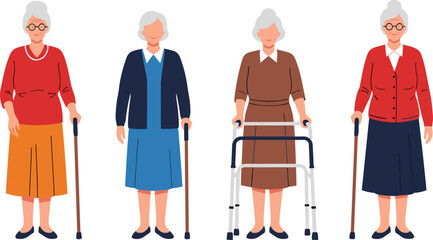 Obraz premium Elderly Women Characters with Walking Stick and Walker Mobility Aid Senior People Cartoon Vector Illustration Collection