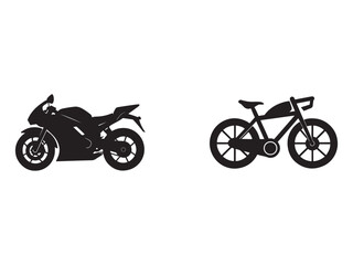 Fototapeta premium Silhouette of motorcycle and bicycle side by side on white background motorbike and bike