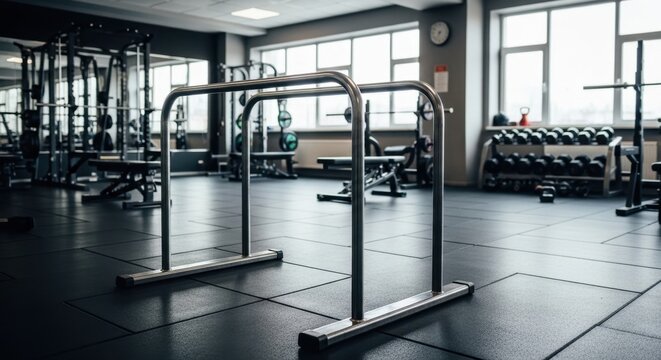 Modern gym interior with parallel bars, fitness equipment, and large windows providing natural light