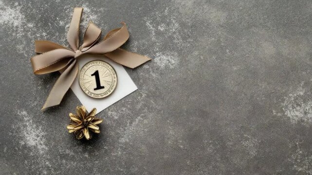 A gold medal with a number and a ribbon sits on a grey surface, surrounded by decorative items for a celebration or event