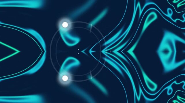 Symmetrical blue abstract pattern with glowing digital lines and tiny figures