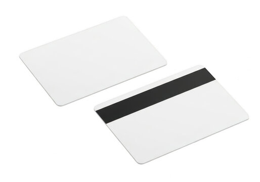 Two blank white cards with a black stripe on one side isolated on transparent background