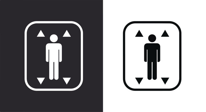 Graphic illustration of two elevator buttons with human figures and arrows indicating movement directions on black and white backgrounds.