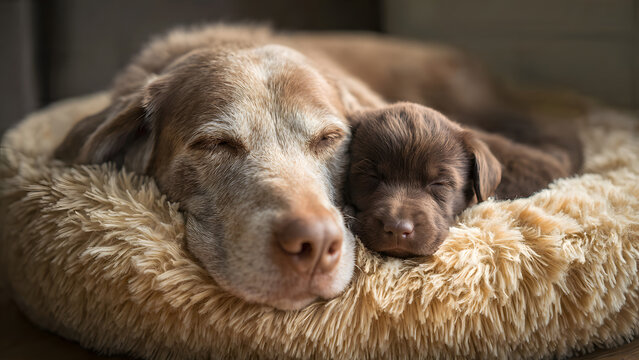 big dog and small puppy squeezed together in a small pet bed, peaceful sleeping faces, cozy indoor lighting, warm home atmosphere, ultra realistic, 4k, high detail 