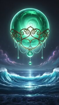 Emerald Crystal Ball over Ocean Waves Animation Motion.