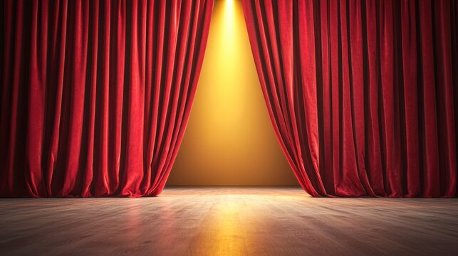 A stage with rich red curtains parted to reveal a warm spotlight illuminating an empty wooden floor.