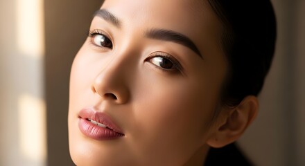 Naklejka premium Close up portrait of a woman with natural beauty and neutral background