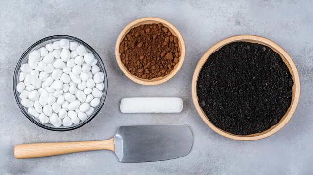 Steps to organize and measure coffee, white sugar, and brown sugar for cooking or baking in a simple kitchen setup