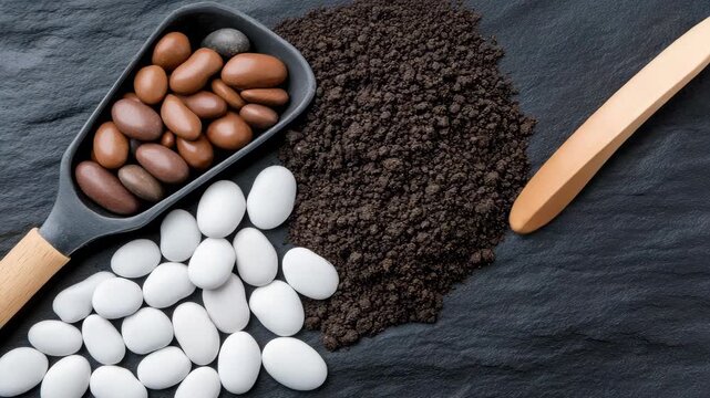 Various candies and coffee beans are displayed together on a dark surface with kitchen tools for a simple presentation