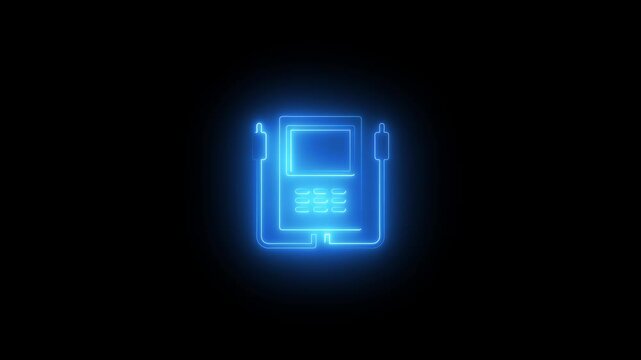 Glowing blue neon fax machine with pen on black background office communication technology symbol