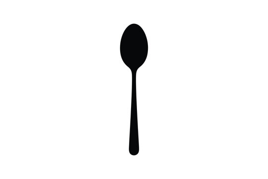 A black and white illustration of a simple, classic spoon. Vector