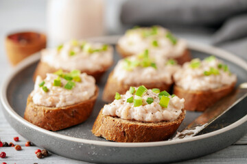 Tuna Pate Bruschetta with green onion, fish rillettes on wooden board