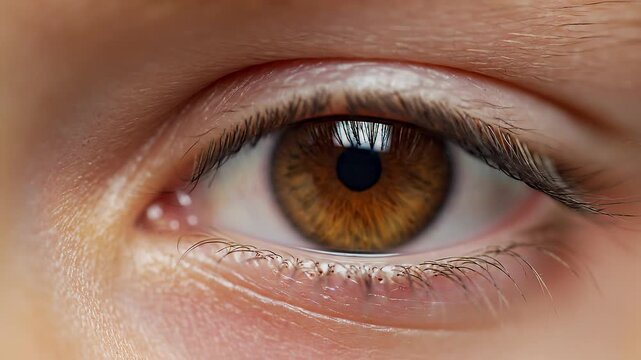 Close-up of a human eye with brown iris, focused on eye health, with skin texture and natural lighting in background, possibly for medical or beauty use