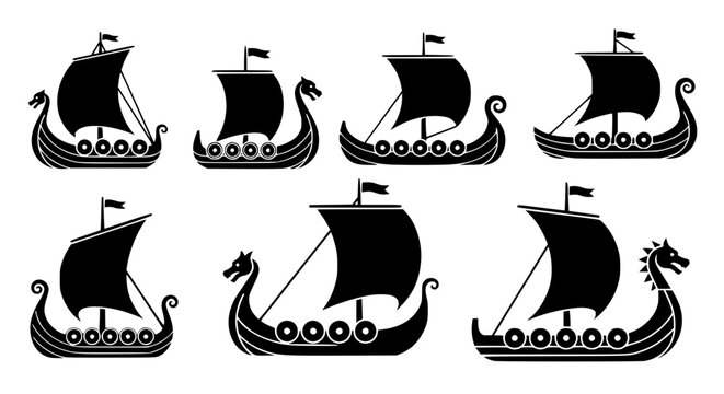 Viking Ship Silhouette Collection &ndash; Black Longships with Dragon Prow Vector EPS 10
