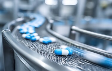 Blue and white capsules moving along a conveyor belt in a pharmaceutical manufacturing facility.