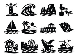 Minimalist silhouette ocean elements set featuring a lighthouse, waves, a tropical island, and sea creatures for travel and adventure