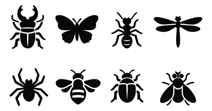 Solid bug icon set featuring a stag beetle, butterfly, ant, dragonfly, spider, bee, beetle, and fly for nature-themed designs