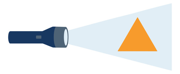 Flat design illustration of a flashlight depicting a light beam shining on a triangle for discovery concepts