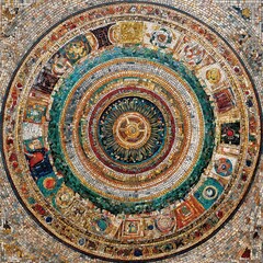 Intricate Circular Mosaic Artwork Featuring Concentric Rings of Diverse Patterns and Vibrant Colors Displaying a Central Golden Sunburst Design with Detailed Geometric and Floral Motifs Against a