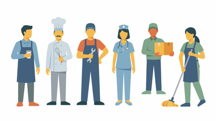 Diverse group of workers in various occupations and uniforms.