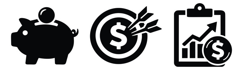 Obraz premium Modern icon finance and business set featuring a piggy bank, financial target, and business growth chart for financial planning and success concepts