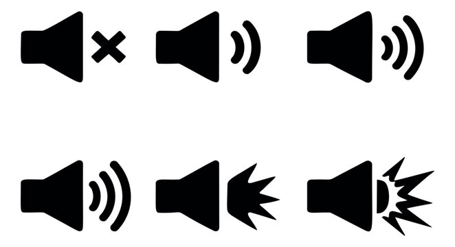 Simple flat volume icons set featuring mute and various sound levels for digital interface design
