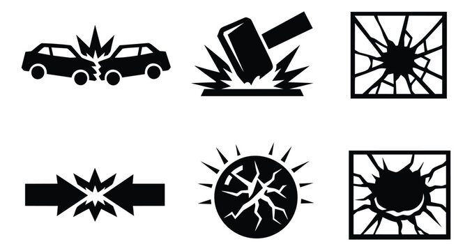 Graphic icon set featuring car crash, hammer impact, broken glass and cracking effects for damage, accident and warning concepts