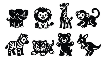 Fototapeta premium Cute cartoon style baby animal set featuring an elephant, lion, giraffe, monkey, zebra, tiger, bear, and kangaroo for children's designs