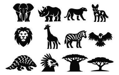 Fototapeta premium Silhouette African wildlife set featuring elephants, lions, zebras, and baobab trees for nature-themed projects
