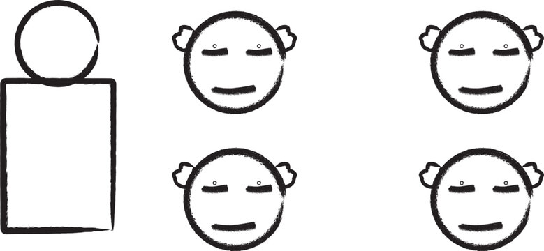 This image features a collection of minimalist, hand-drawn illustrations rendered in a distinct brushstroke style. On the left, a full-body stick figure is depicted with a circular head and a rectangu