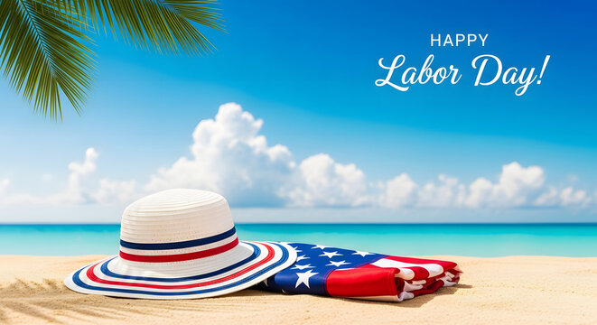 Happy labor day weekend on the beach with patriotic hat