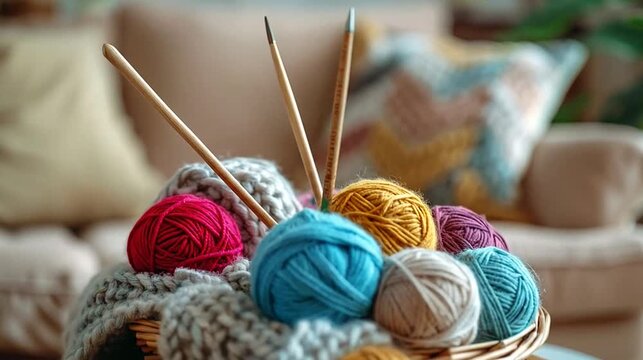 Colorful yarn balls and knitting needles in a woven basket, on a table, cozy home scene
