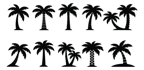 Fototapeta premium Simple silhouette palm tree set featuring different tropical tree designs for summer holiday projects