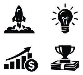 Fototapeta premium Solid icon set featuring a rocket launch, lightbulb, growth chart, and trophy for business success and innovation