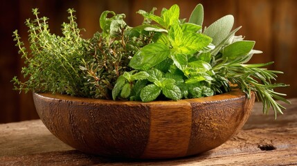 Assortment of fresh culinary herbs fills a dark wooden bowl set upon a rustic surface