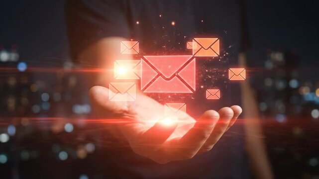 Man with glowing email envelope icons floating above hand. Phishing and email fraud concept for cyber security and network protection.