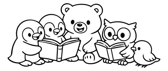 Fototapeta premium Hand drawn line art illustration of cute animal friends depicting reading books together for children's education