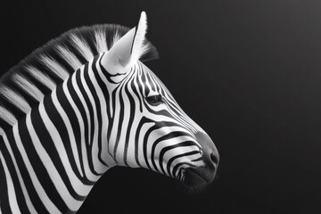 Obraz premium Elegant zebra head portrait with strong black and white stripes against dark background. Wildlife, safari animal and nature beauty concept.