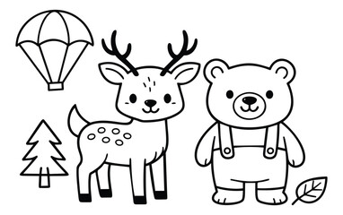 Obraz premium Cute hand drawn line art woodland elements set featuring a deer, a bear, a parachute, a tree, and a leaf for kids' projects